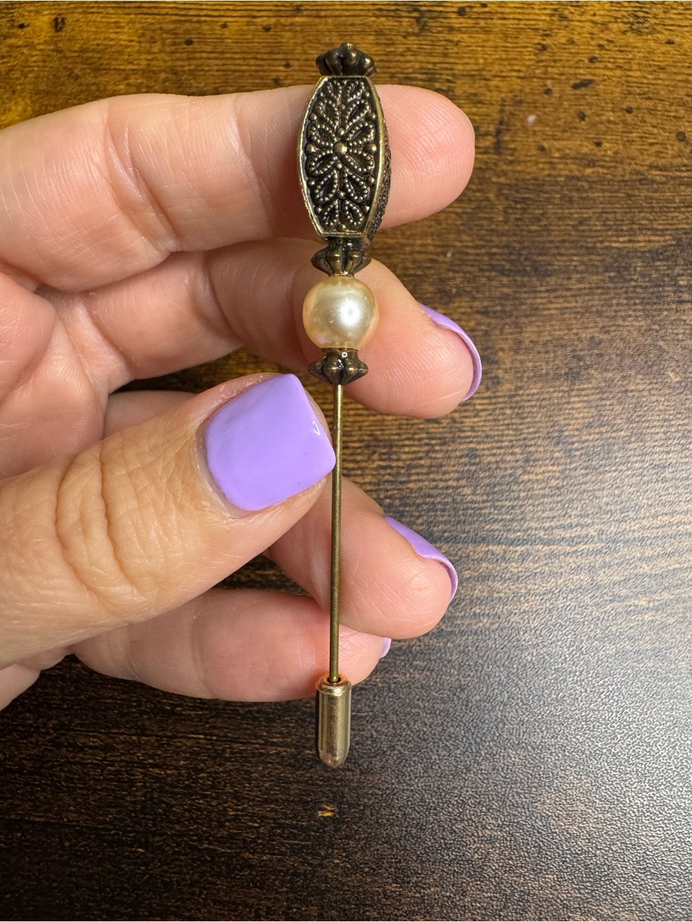 Vintage Gold Brass Filigree Stick Pin with Cream Faux Pearl - Hat Pin